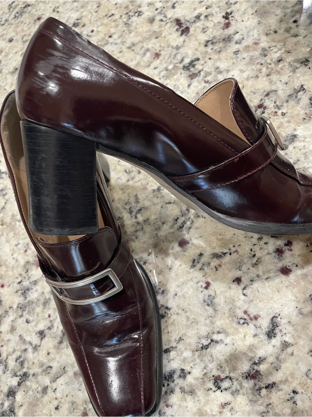 Calico Vintage Brownish Burgundy Patent Leather Block Heel Loafers SZ 8